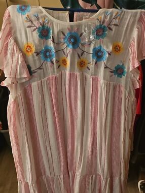 Embroidered Pink & White Midi Dress